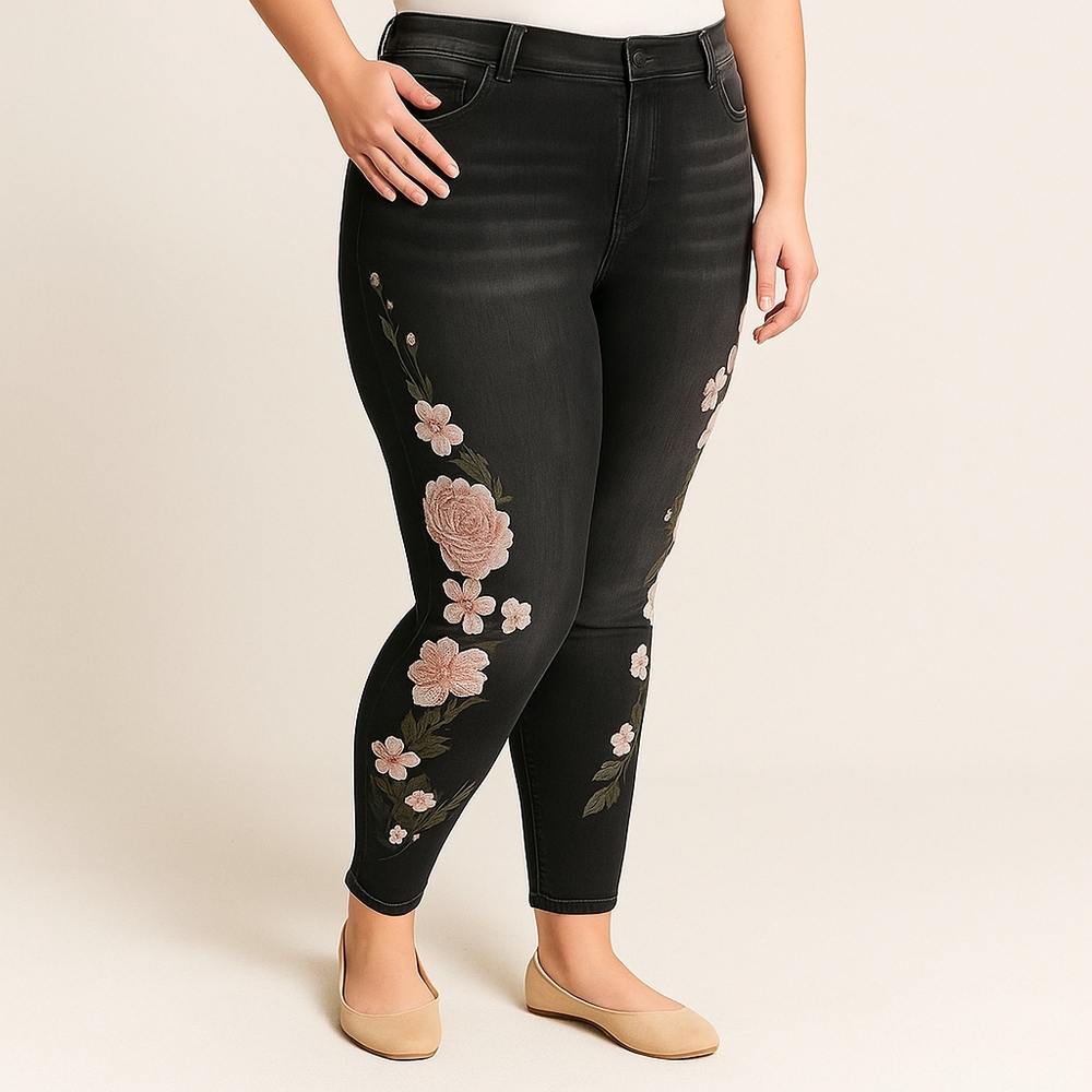 Women's Black Distressed Stretch Jeans with Floral Embroidery, Size 12 P